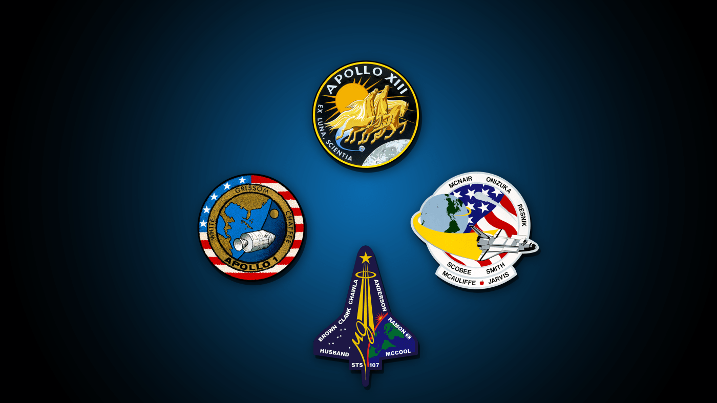 Image of Apollo, Challenger, Columbia badges