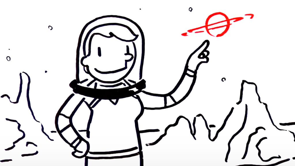 Art image of female astronaut pointing to planet. NASA Mission to Earth